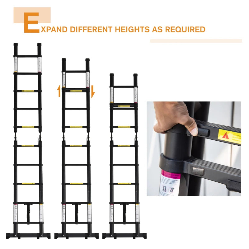 Black 10-Step Telescopic Aluminium Ladder for Home