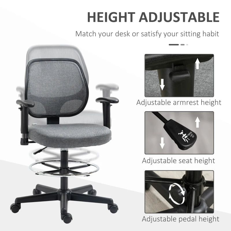 Vinsetto Ergonomic Drafting Chair - Adjustable Fabric Office Stool with Height Armrest & Foot Ring, 360° Swivel, Grey