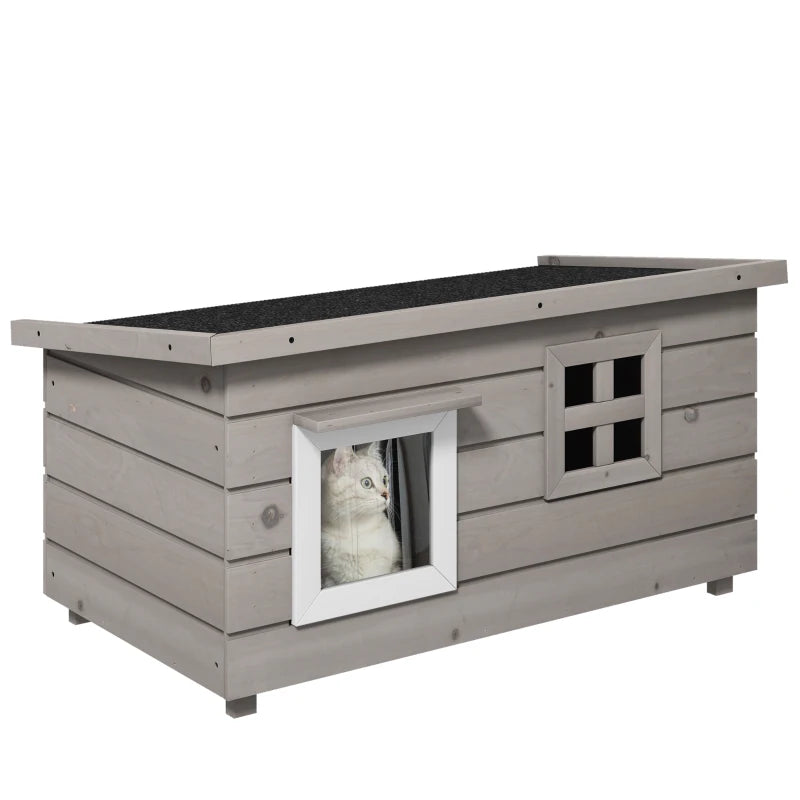 Wooden Elevated Outdoor Cat House with Openable Top Asphalt Roof and Window Grey