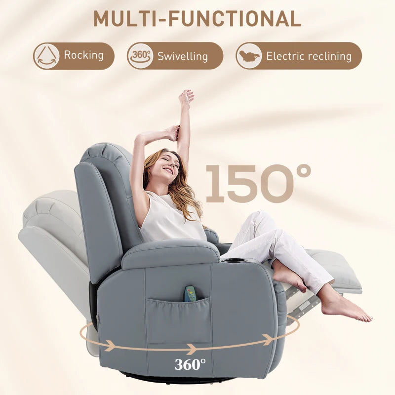 Comfortable Massage Recliner Chair with 8 Vibration Settings, Heat Function, Cup Holders, and Side Pockets in Light Grey