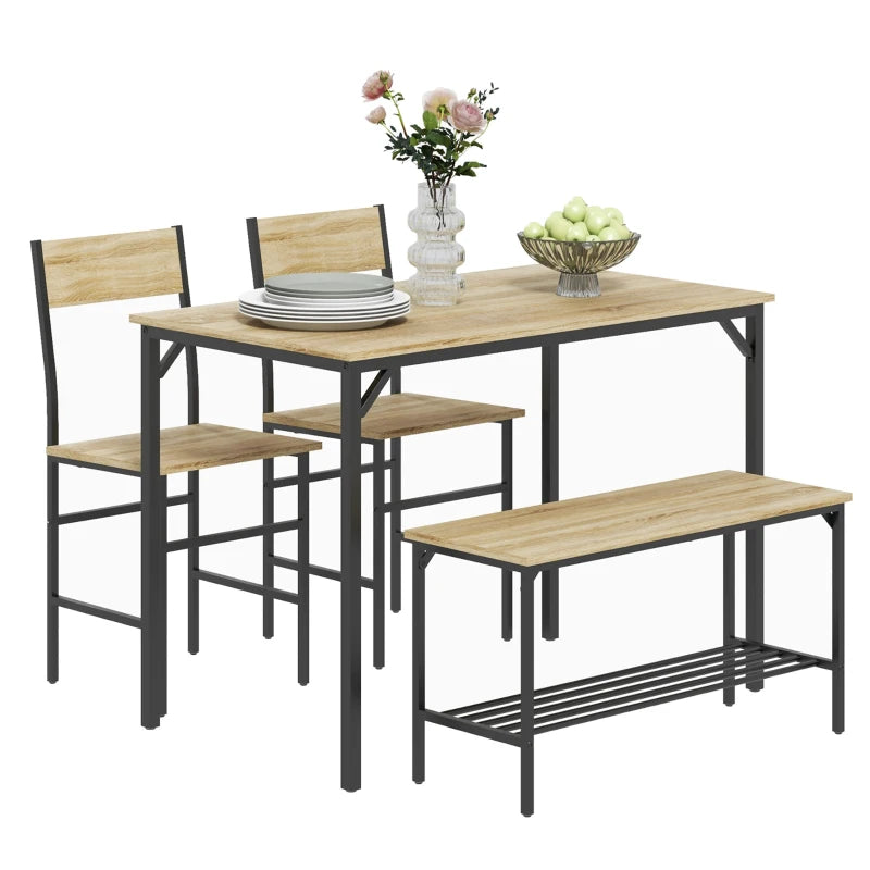 Square Dining Set for 4 - Natural Wood Effect Table, Chairs & Bench Included - Stylish & Durable Furniture
