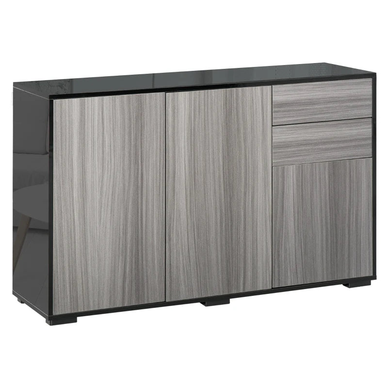 High Gloss Side Cabinet with Push-Open Design, 2 Drawers & 2 Cabinets, Light Grey & Black, 74H x 117W x 36Dcm