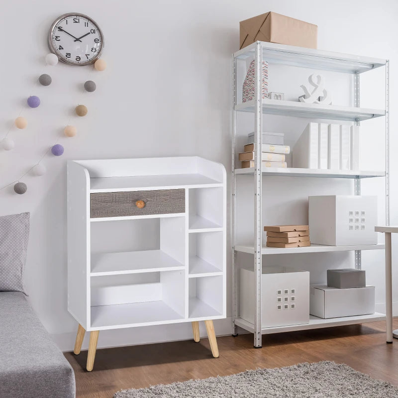 Freestanding Bookcase with Storage Drawer - 6 Shelves, Wood Legs, White & Grey - Home Office Display, 24D x 60W x 86.8H cm