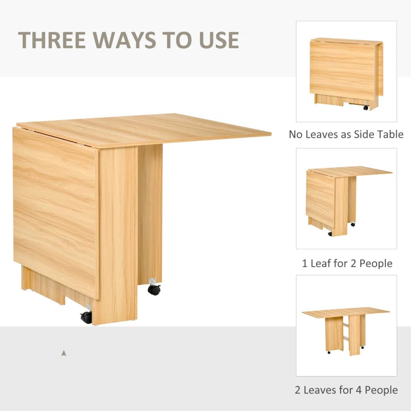 Folding Dining Table with Drop Leaf - Space-Saving Rectangular Tabletop & Storage Shelves for Kitchen & Dining Room - Teak Finish