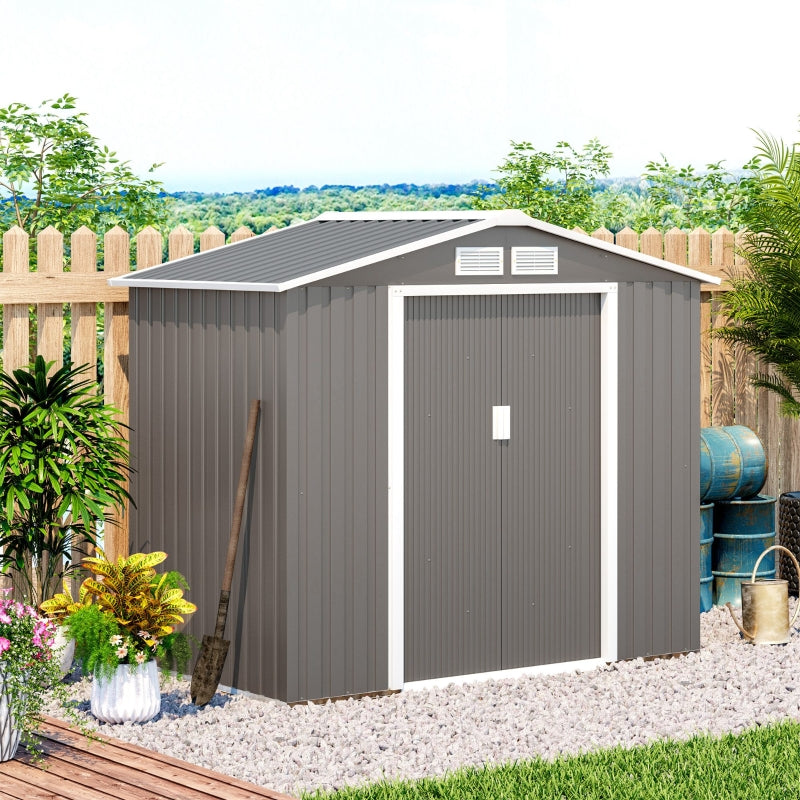 Grey 7ft x 4ft Lockable Garden Metal Storage Shed With Air Vents