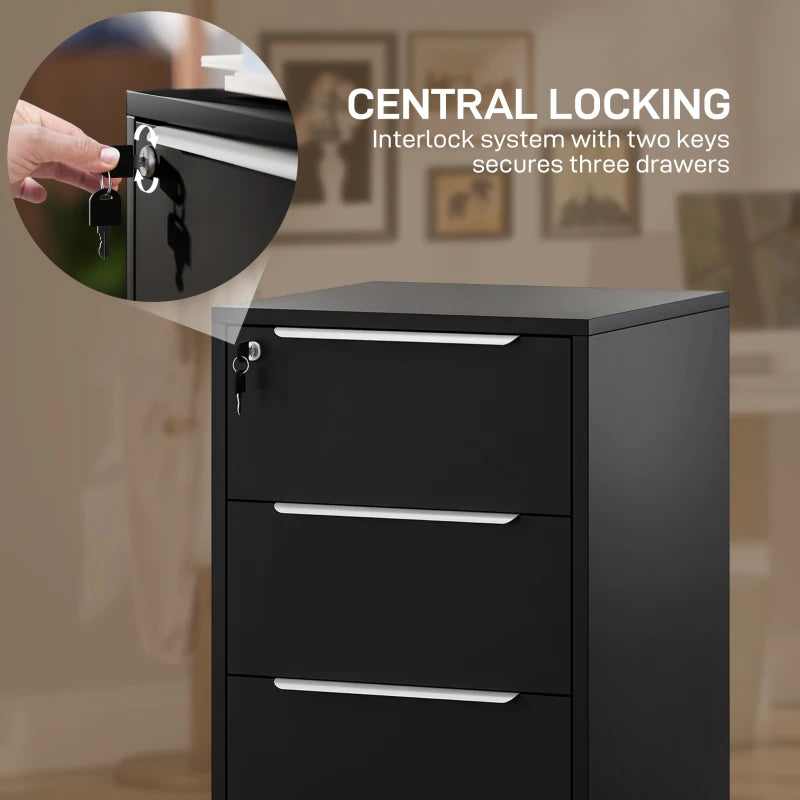 Secure Black Three-Drawer Locking Filing Cabinet for Home Office - Stylish Storage Solution for Documents and Files