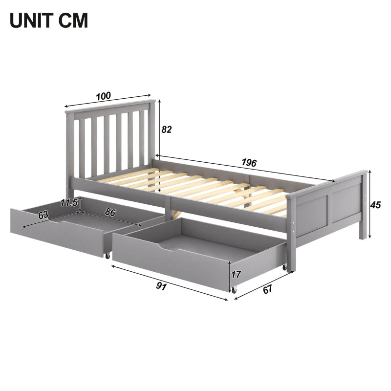 Wooden Pine Divan Storage Bed with Drawers - Solid Slatted Base, 3ft Single, Gray, 196x100x82 cm - Space-Saving Design