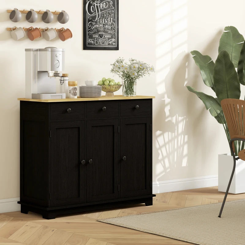 Stylish Black Wood-Effect Sideboard with Rubberwood Top & Adjustable Shelves - Perfect for Dining Room & Kitchen Storage
