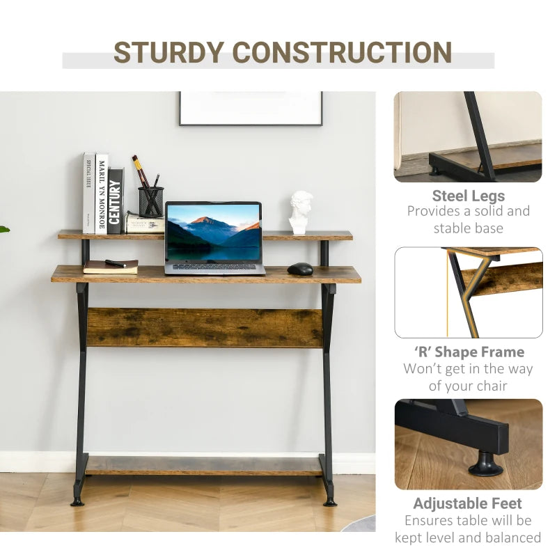 Industrial Computer Desk with Monitor Stand - 100x60cm Compact Home Office Desk for Small Spaces - Rustic Brown Finish