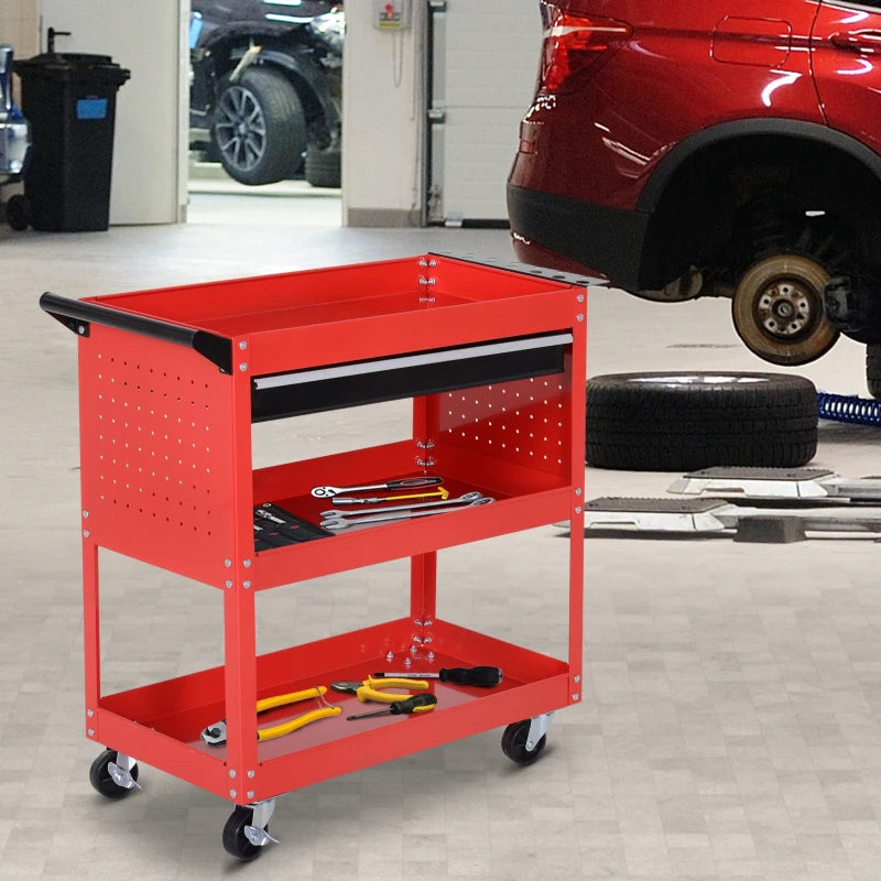 Red 3-Tier Tool Trolley with Drawer for Garage, Workshop