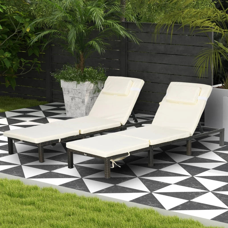 Brown/Cream Reclining Rattan Sun Loungers Set with Cushions