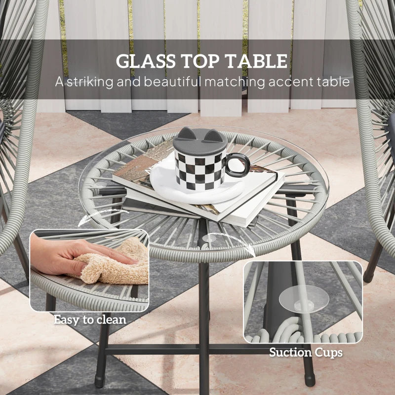 3-Piece Light Grey Rattan Bistro Set - Wicker Garden Table and Chairs with Cushions and Glass Top for Outdoor, Patio, Balcony