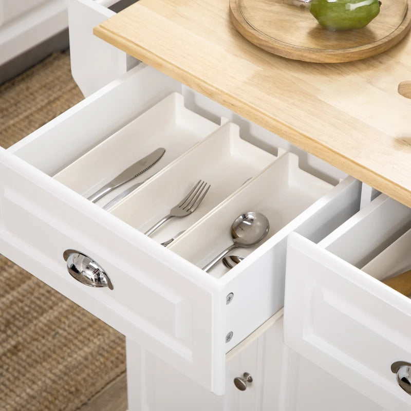 Rolling Kitchen Island Cart with Storage - Rubber Wood Top, Towel Rack & Drawer - White Serving Cart for Home