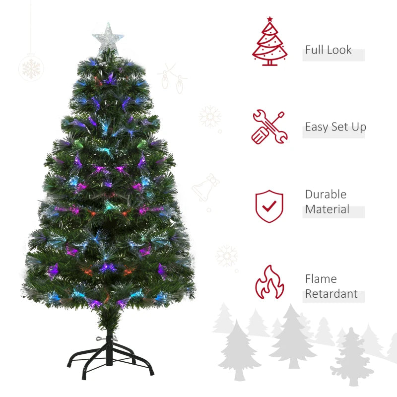 4FT Multicoloured Artificial Christmas Tree with Fibre Optic Lights, Pre-Lit Modes, Metal Stand & Star Holder - Festive Home Decoration