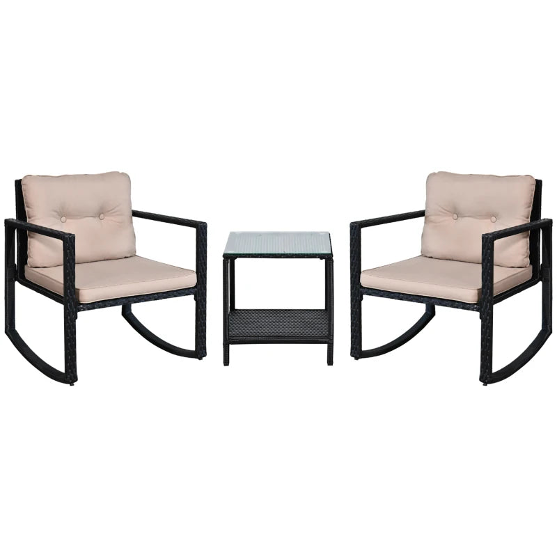 Black Rattan Rocking Chair Set with Cushioned Armchairs and Coffee Table