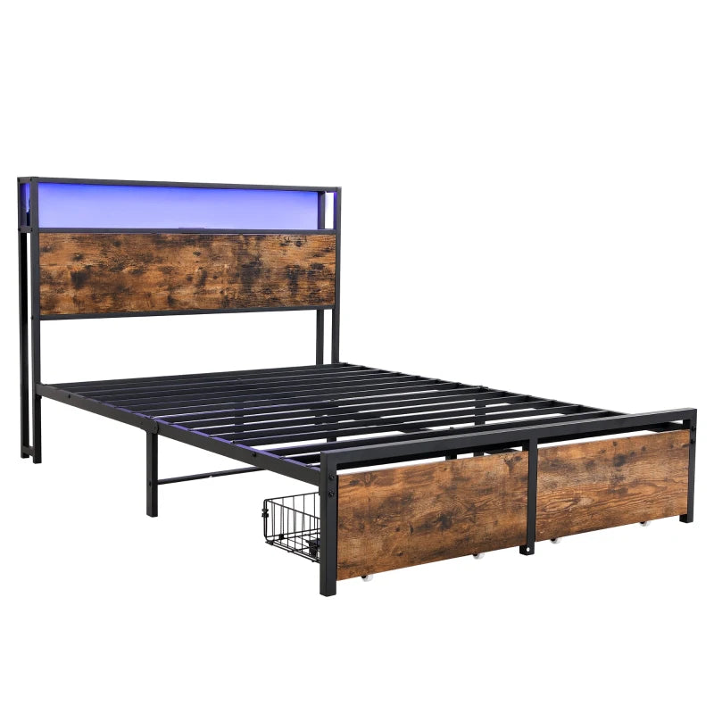 Metal Double Bed with LED Light Strip, 4 Drawers & 3 USB Ports - Black & Dark Walnut, 207.5x135x105 cm
