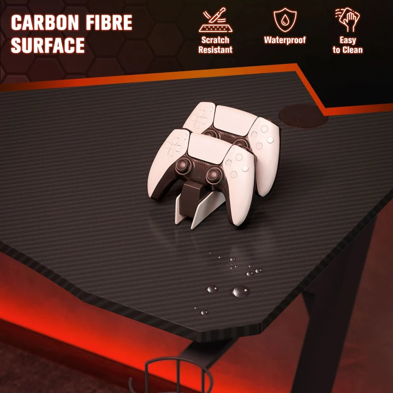 Gaming Desk 120x65 cm - Steel Frame, Cup Holder, Headphone Hook, Adjustable Feet, Cable Organizer - Black Home Office Table