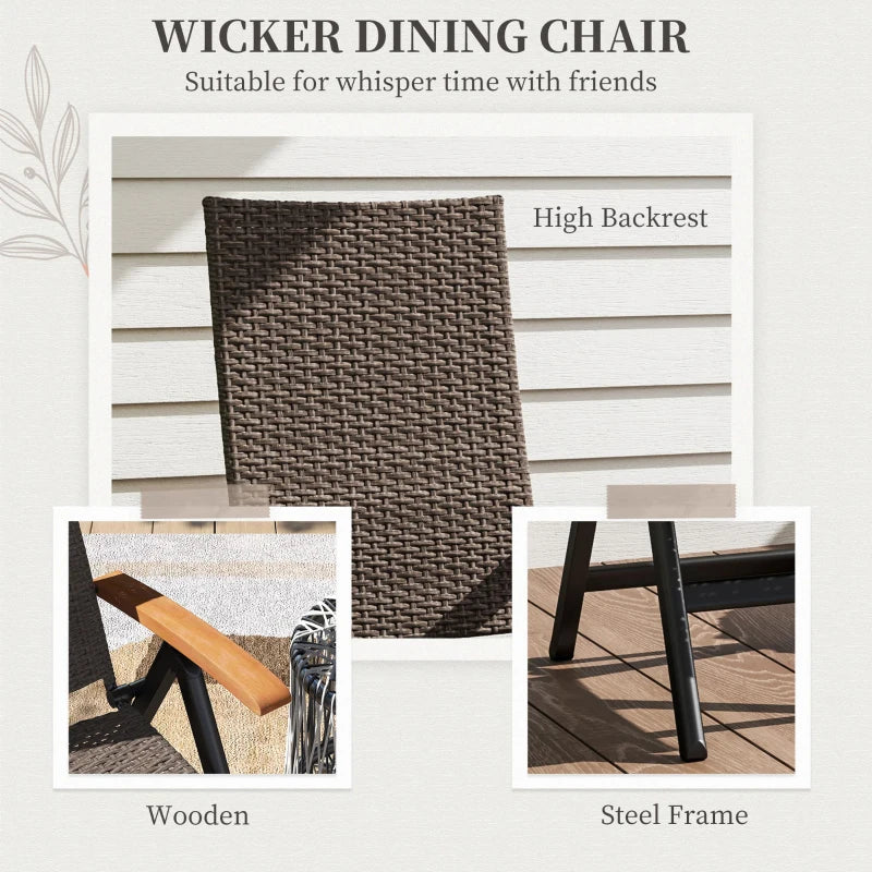 Folding Rattan Garden Dining Chair - 5-Level Reclining High Back, Wood Armrests, Outdoor Patio Furniture - Brown