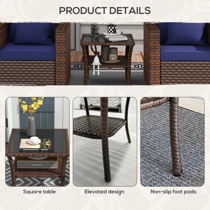 Brown Rattan Glass Top Patio Side Table - 50cm