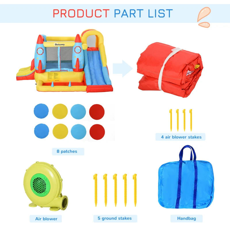 Inflatable Bounce Castle Trampoline Slide Pool Rocket Design 3.4m x 2.8m x 1.85m for Kids Outdoor Fun