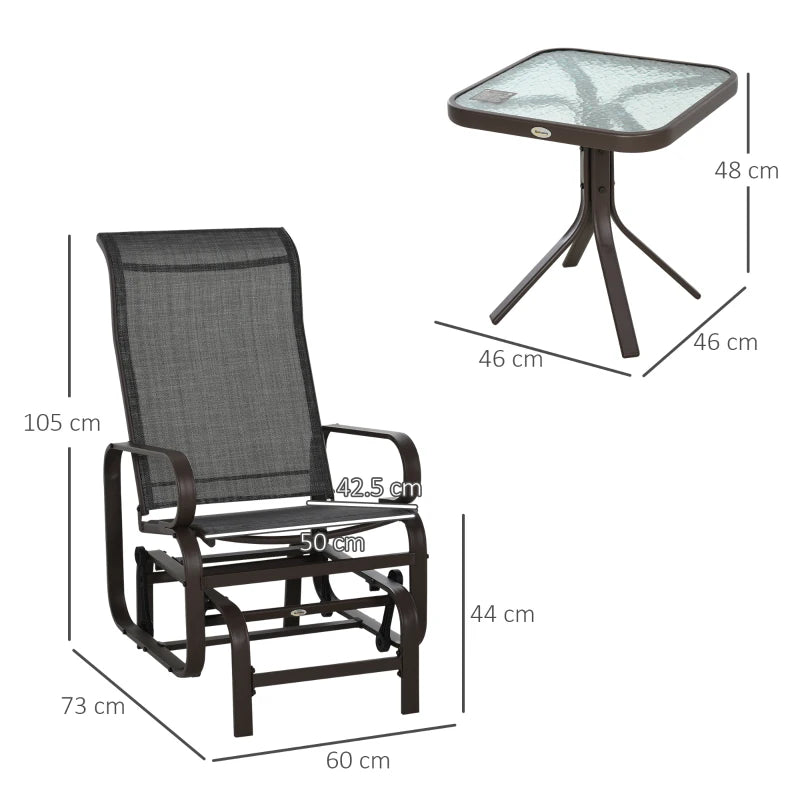 Brown 3-Piece Metal Frame Gliding Chair Set with Glass Top Coffee Table