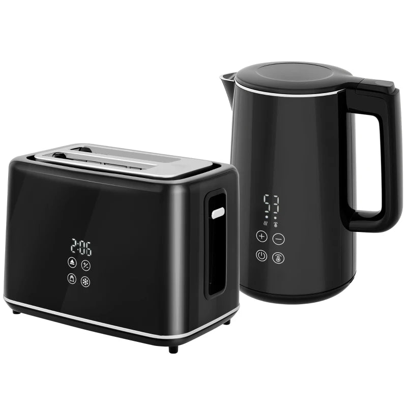 Polished Black Stainless Steel Kettle and Toaster Set - Stylish Kitchen Appliances for Modern Homes