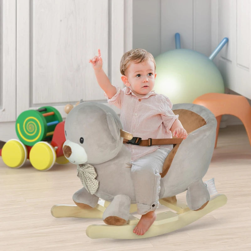 Kids Plush Rocking Horse Ride-On Bear Toy with Sound & Safety Belt - Wooden Base for Toddlers 18-36 Months - Grey