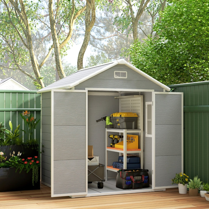 6 x 5ft Dark Grey Plastic Garden Shed with Floor, Window, Lockable Doors and Vents - Wood Effect Resin Tool Storage for Outdoor Patio
