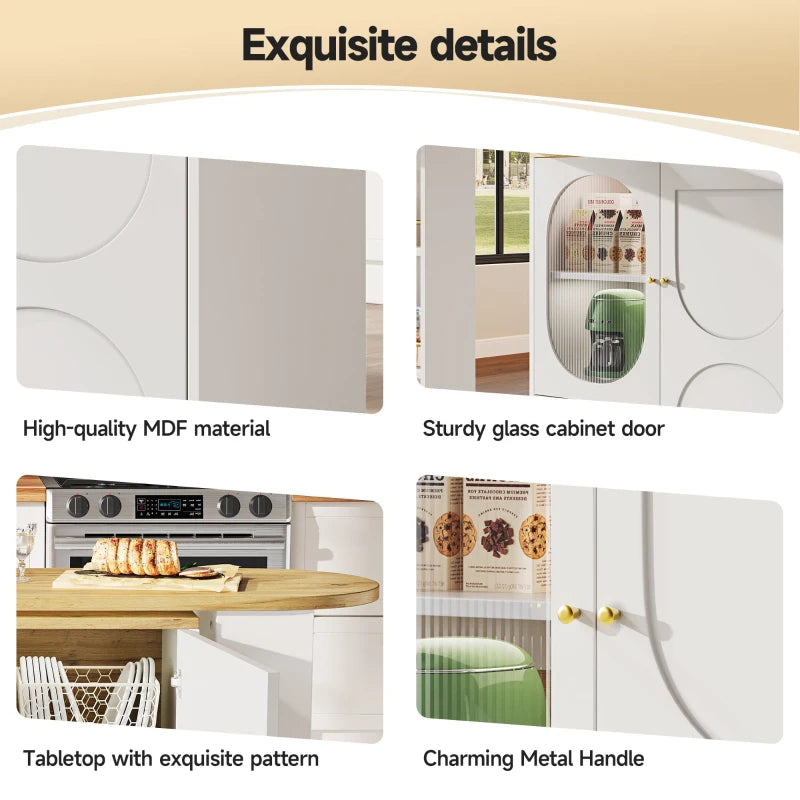 360° Rotating Bar Table with Storage Shelves & Metal Handles - Multi-Functional Dining Table & Sideboard, White, 204L x 39W x 105H cm