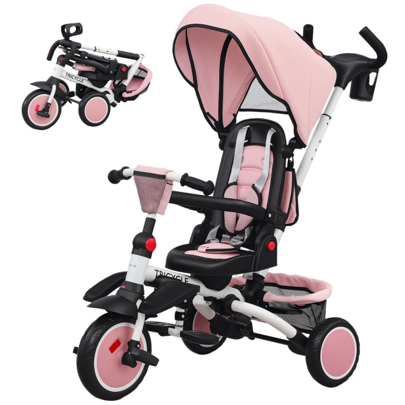 6 in 1 Foldable Kids Trike with Adjustable Parent Handle and Canopy for Ages 1-5 Pink