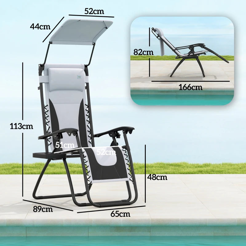 Zero Gravity Lounger Chair Set of 2 - Folding Reclining Patio Chairs with Shade Cover, Padded Seat, Cup Holder, Soft Cushion and Headrest - Light Grey