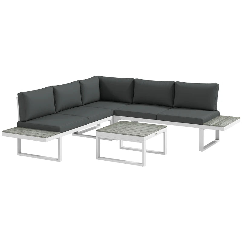 White Framed Metal Corner Sofa Set With Cushions & Woodgrain Table