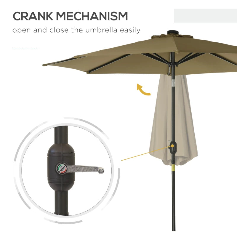Brown 2.7m Patio Garden Umbrella with Tilt Crank and LED Lights