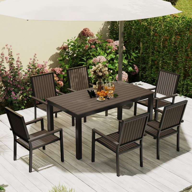 6 Seater Brown Garden Dining Set with Stackable Chairs, Rectangular Plastic Top, Aluminium Frame