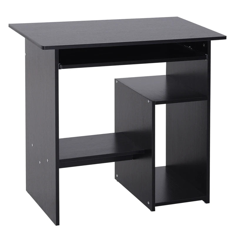 Compact Modern Black Wooden Computer Desk with Keyboard Tray & Storage Shelf - Ideal Corner Table for Home Office