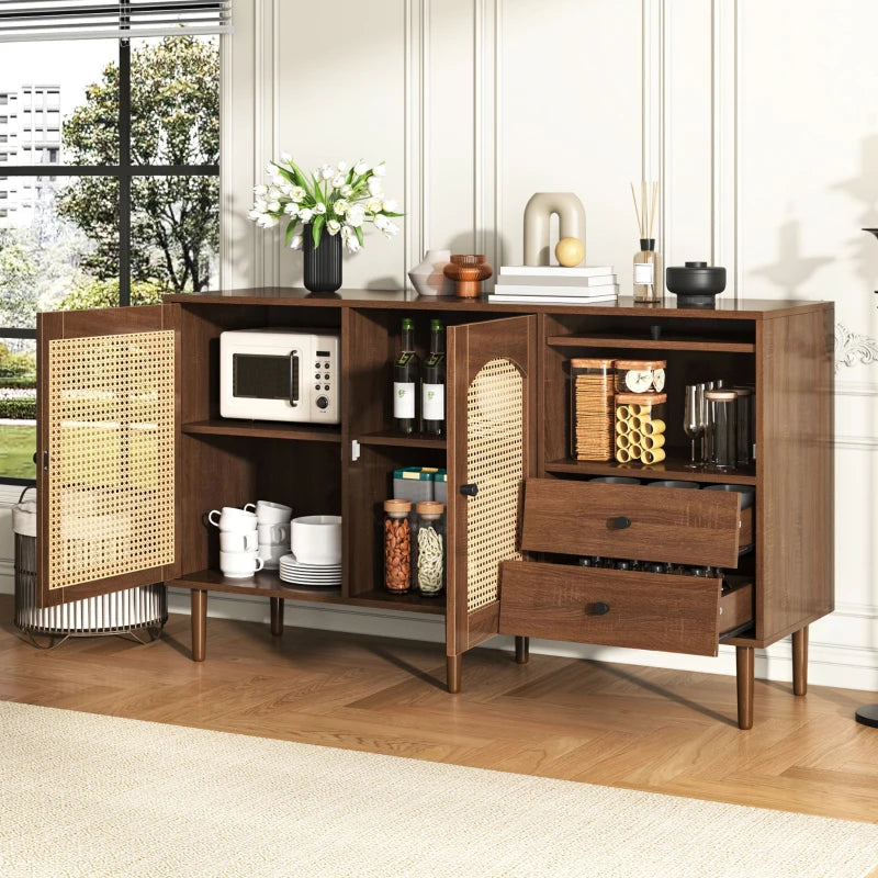 Country-Style Rattan Door Sideboard with Adjustable Shelves - Natural Wood Cabinet for Living Room & Hallway, 130x40x75.5 cm