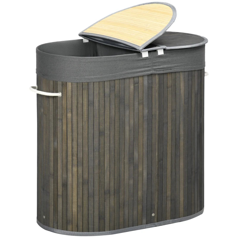 Bamboo Laundry Basket with Lid - 100L Hamper, 2 Sections, Removable Washable Lining, Grey, 62.5x37x60.5cm