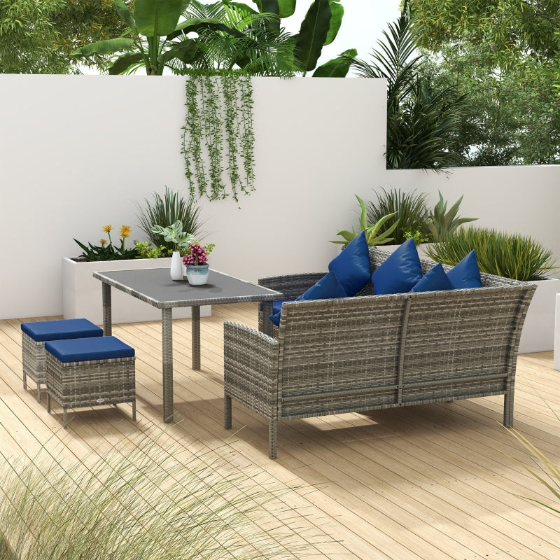 5-Piece Dark Blue Rattan Garden Furniture Set with Dining Table and Cushions - Outdoor Patio Seating
