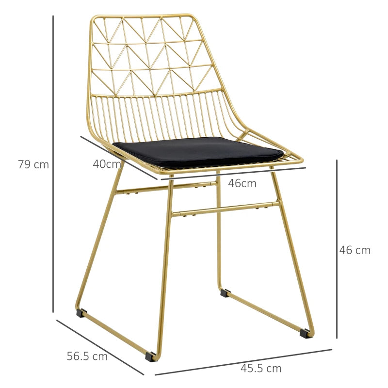 Luxurious Set of 2 Dining Chairs - Metal Wire Kitchen Chairs with Velvet Cushions, Cut-out Back & Gold Steel Frame