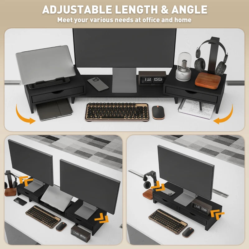 Dual Monitor Stand Riser with 2 Drawers - Adjustable Length & Angle, 116cm for Laptop, PC, Printer - Black