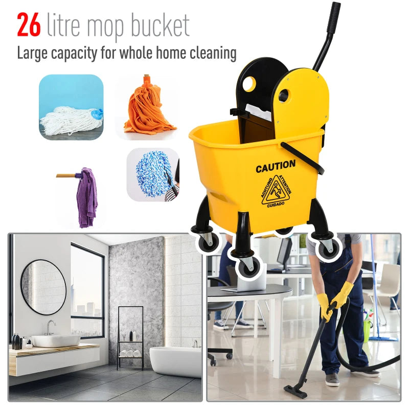 25L Yellow Mop Bucket with Wringer, Wheels & Handle - Heavy Duty Cleaning Tool for Home & Commercial Use