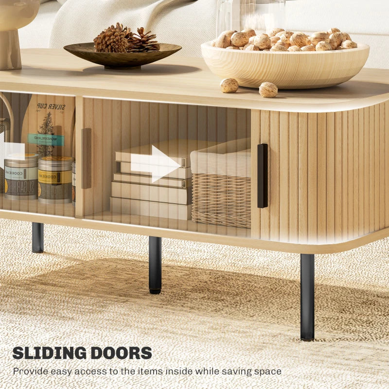 Modern Oak Coffee Table with Storage and Sliding Doors for Living Room
