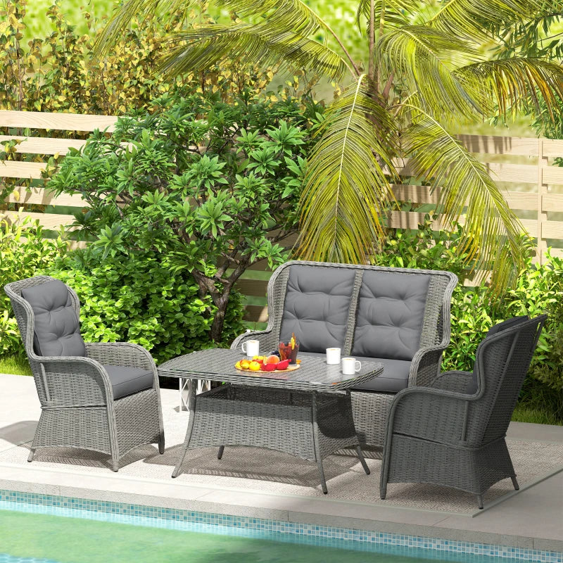 4 Seater Light Grey PE Rattan Outdoor Dining Sofa Set with High Back Chairs and Cushions, Tempered Glass Coffee Table for Patio