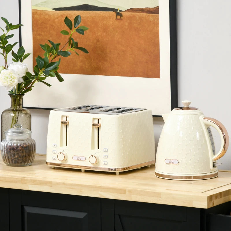 Beige Kettle and Toaster Set - 1.7L Fast Boil Jug Kettle & 4 Slice Toaster with 7 Browning Levels