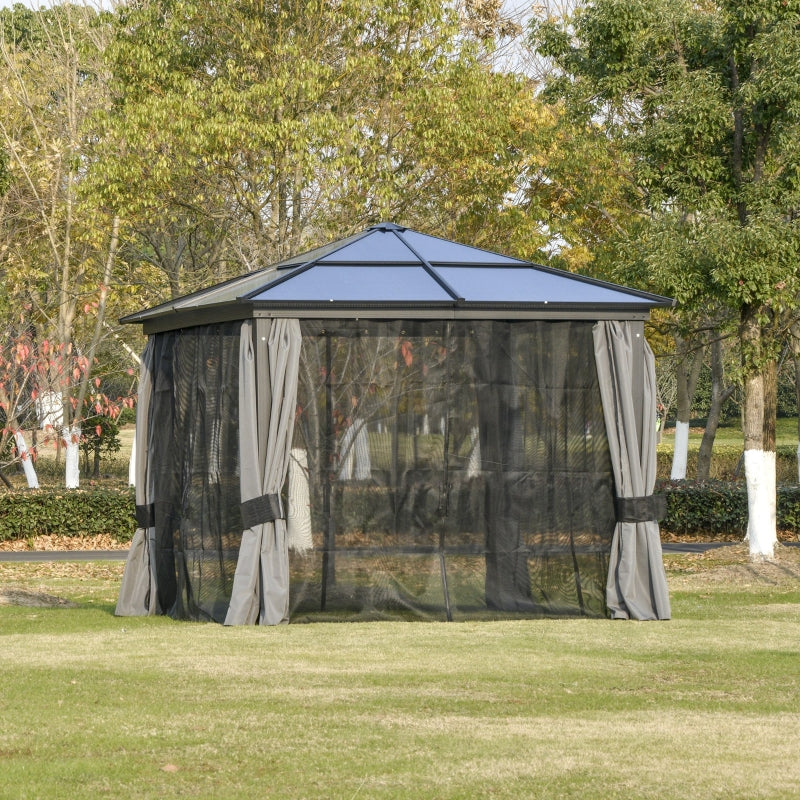 Deluxe 3x3m Garden Gazebo with Curtains & Mosquito Netting – Dark Grey Aluminium Frame & Polycarbonate Roof for Patio