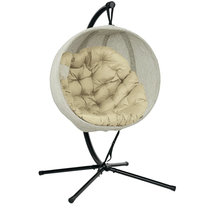 Hanging Egg Chair - Khaki Outdoor Indoor Garden Swing Chair with Stand, Thickened Cushion & Cup Holder - Folding Basket Design