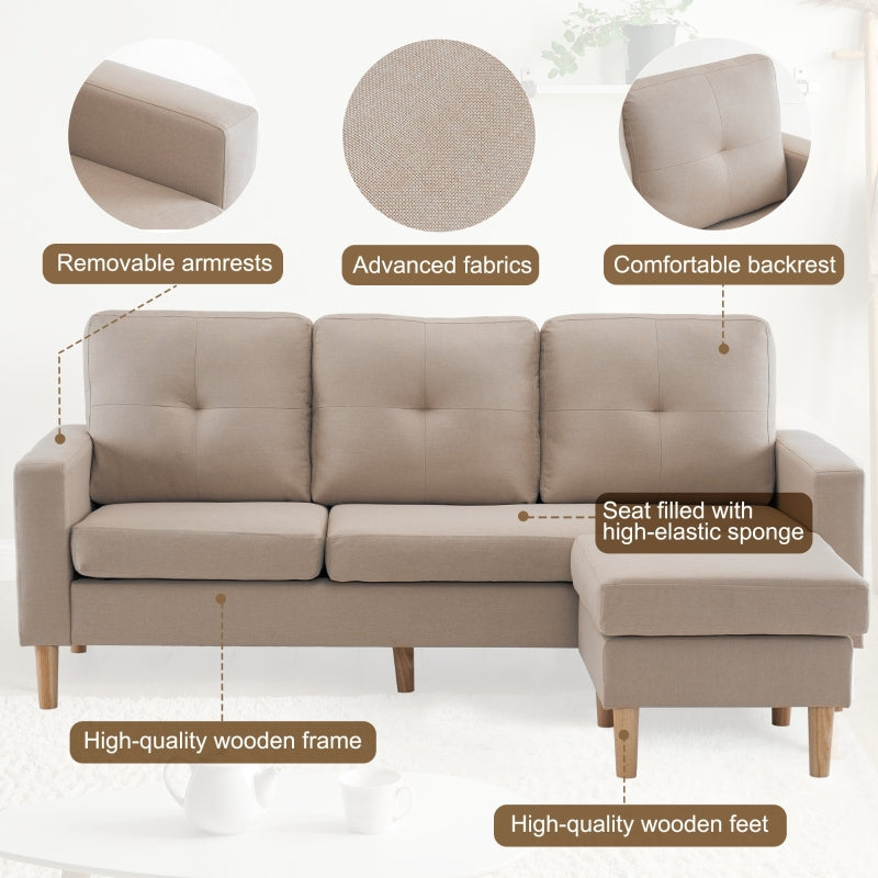 6.5ft 3-Seater Sofa Bed with Removable Footrest, Solid Wood Frame, Beige, 190x76x84 cm