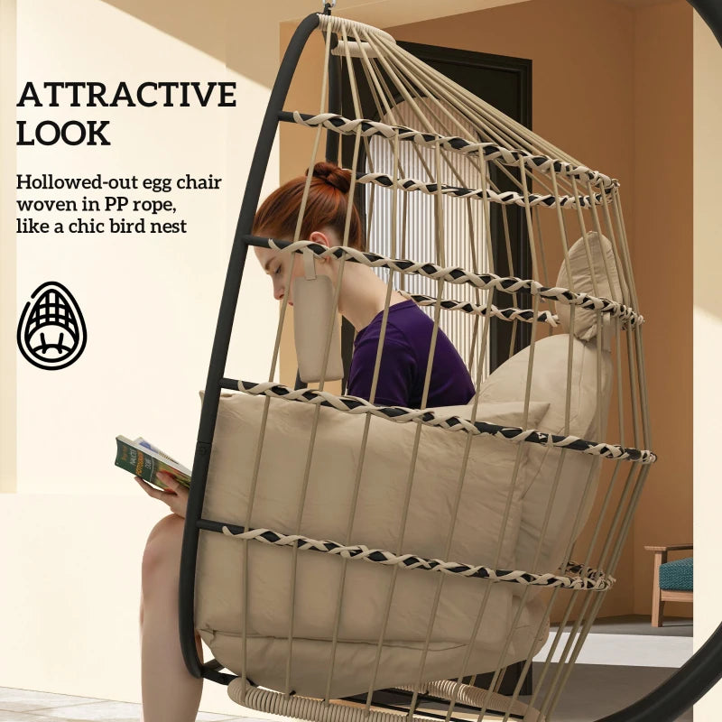 Hanging Egg Chair - Khaki - Outdoor Indoor Garden Swing Chair with Stand, Folding Basket, Thickened Cushion, Headrest & Cup Holder - Perfect for Patio & Balcony