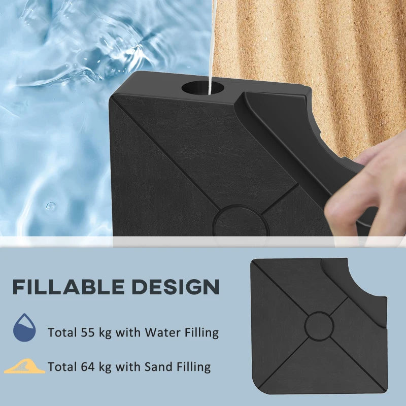 Heavy Duty Cantilever Parasol Base Weights - Set of 4, 64kg Sand or 55kg Water Filled, Black