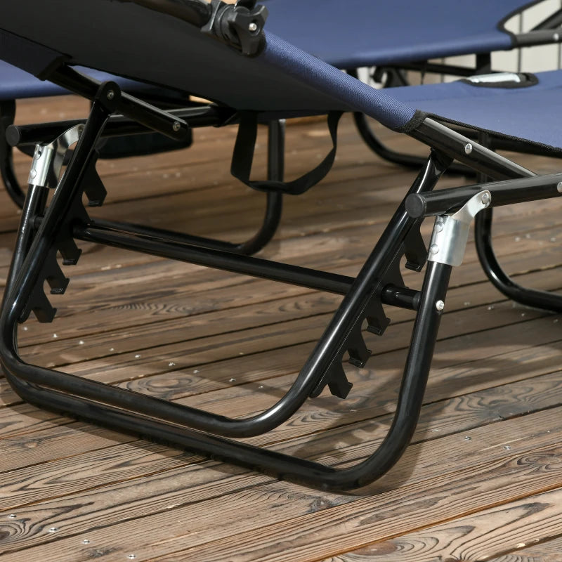 2 Piece Dark Blue Folding Sun Loungers with Canopy - Adjustable Recliner Garden Chairs with Side Pocket, Steel Frame and Breathable Mesh for Outdoor, Pool, Beach, Garden